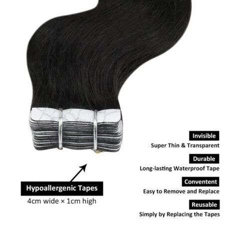 #1B Off Black Body Wave Curly Tape in Hair Extensions (2)